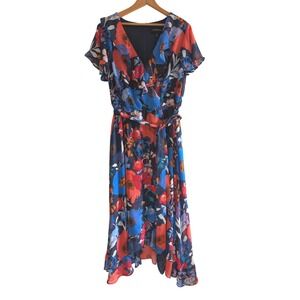 Lane Bryant Floral Ruffle V-Neck Midi Dress Navy Blue Red Size 14 High-Low Hem